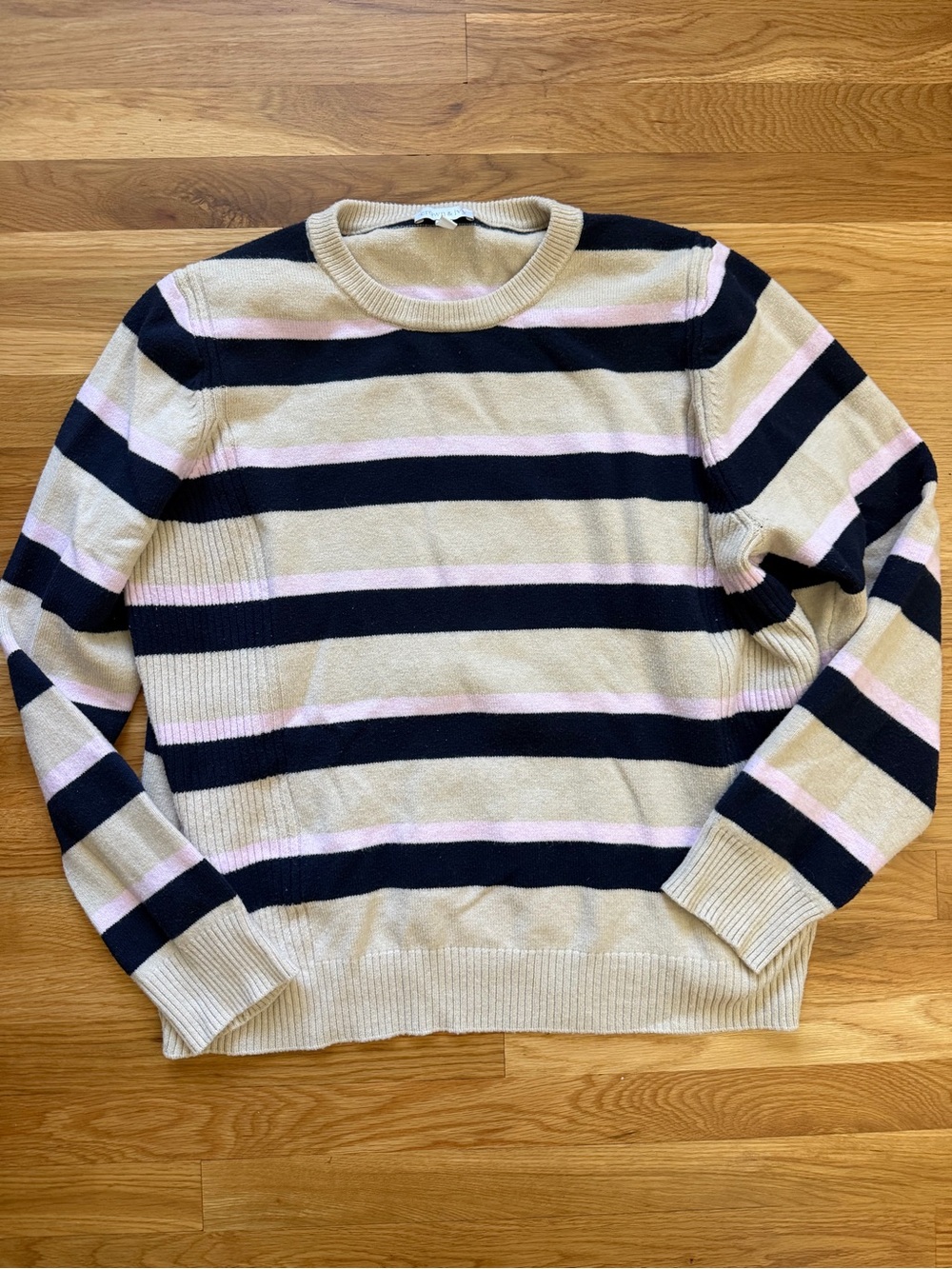 crown & ivy Striped Crewneck Sweater in Navy, Cream & Light Pink